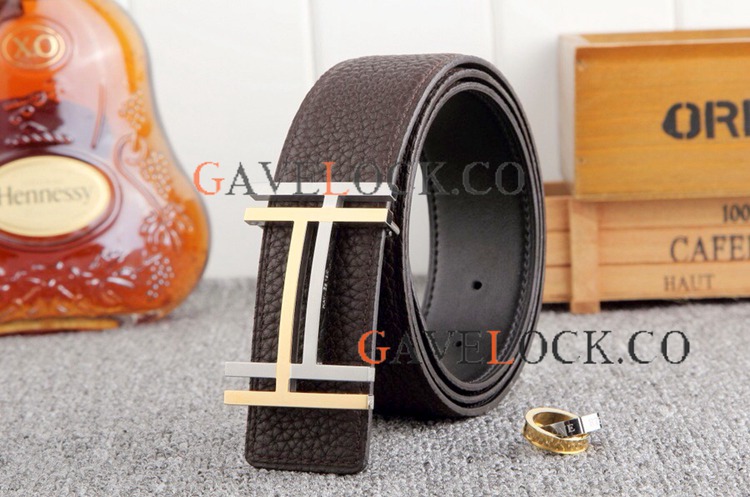 Copy Hermes Belt Brown Litchi with Two Tone Double H Buckle 38MM